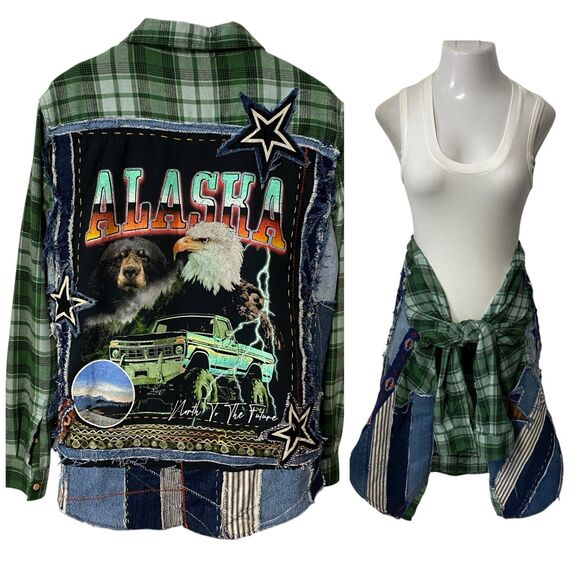 Unbranded Tops - Upcycled Flannel Shirt Shacket Womens Large Alaska Grunge Patchwork Folk Art